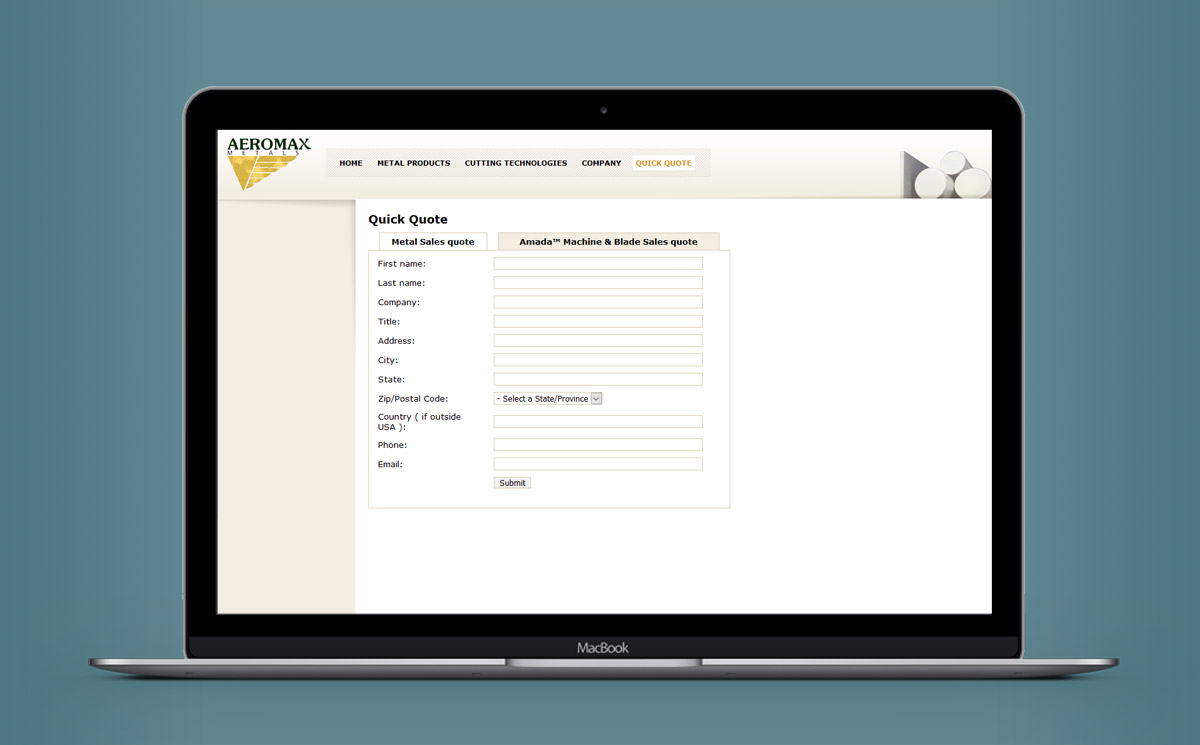second screenshot of the product page of the Aeromax Metals company
