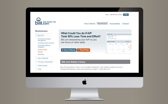 Screen shot of the internal page of the Bill.com website