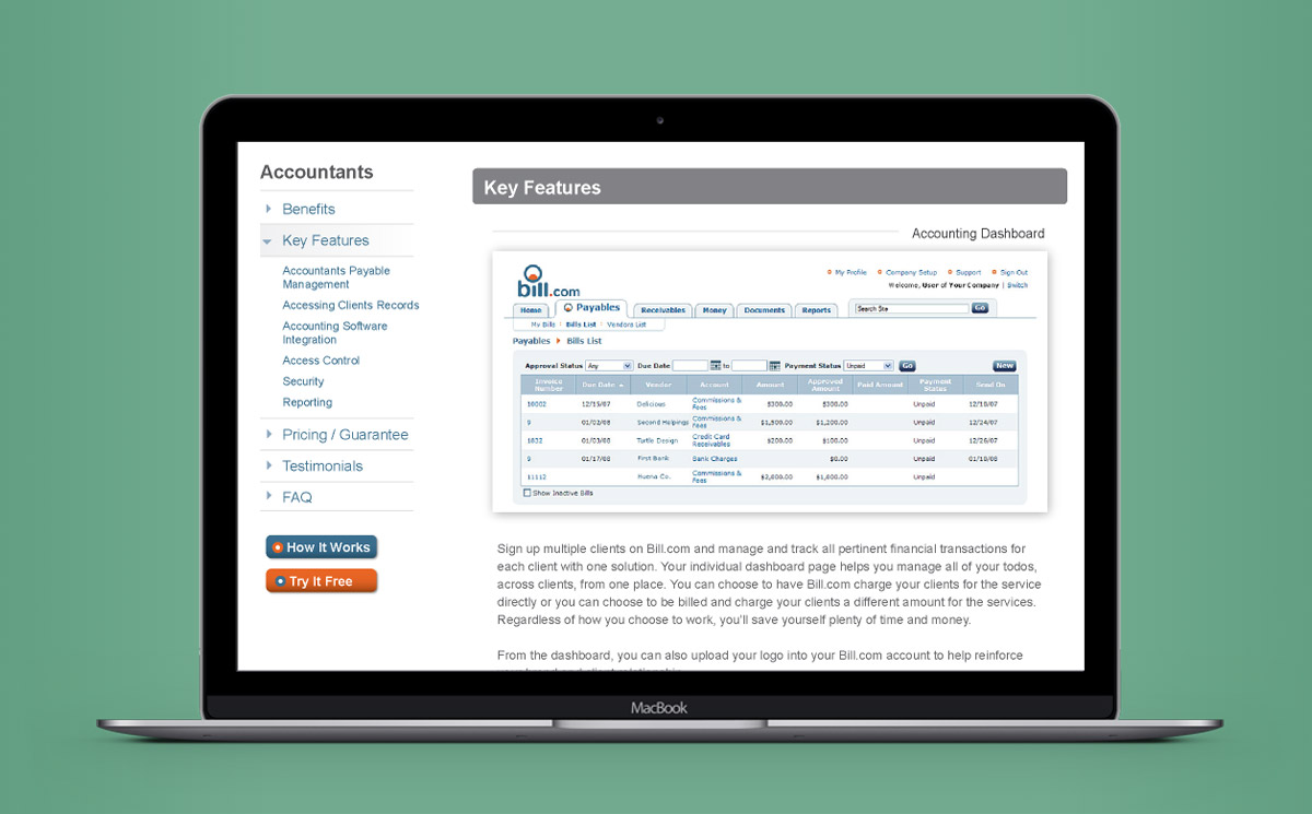 second screenshot of the internal page of the Bill.com website