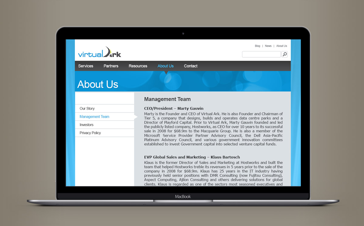 second screenshot of the internal of the Virtual Ark company